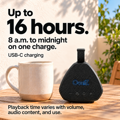Black OontZ Angle Solo Gen 5 with up to 16 hours of playback and USB-C charging; playback varies with volume, content and use; AI-composited scene