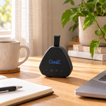 Black OontZ Angle Solo Gen 5 in an everyday listening setting; AI-composited lifestyle image