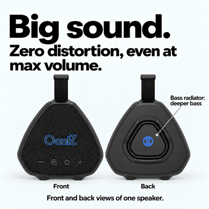 Black OontZ Angle Solo Gen 5 front and back views of one speaker; Big sound, zero distortion even at max volume, with rear bass radiator for deeper bass.